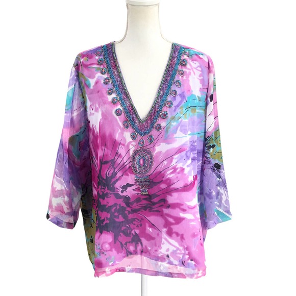 Ulla Popken Womens Size 20/22 Embellished Floral Blouse 3/4 Sleeve Relaxed Fit - Picture 1 of 8